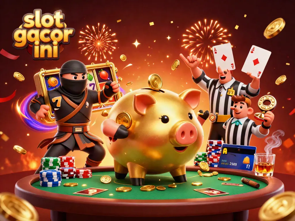 Ilustrasi slot gacor malam ini menampilkan karakter kasino 3D dengan suasana penuh energi dan simbol kemenangan.