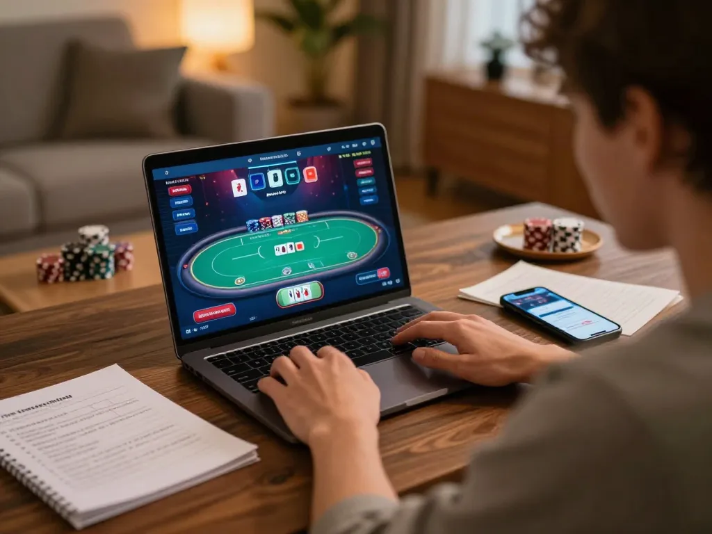 Player fully engaged in an online poker game with 88aa interface displayed, highlighting strategic gameplay in a cozy home setting.