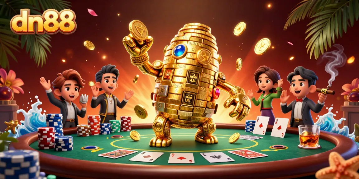 Experience thrilling action at dn88 with a golden golem, poker stacks, and vibrant casino elements.