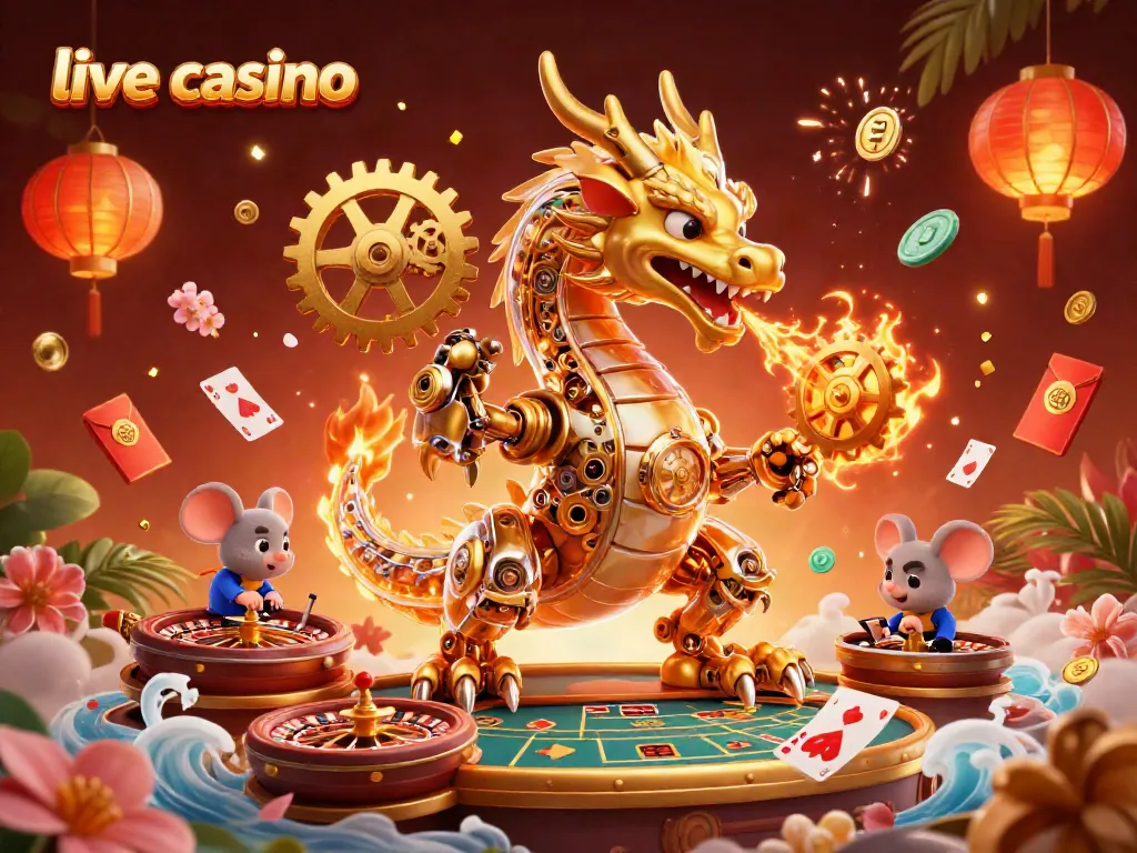 Menggambarkan suasana live casino dengan naga emas yang memukau dan elemen permainan menarik.