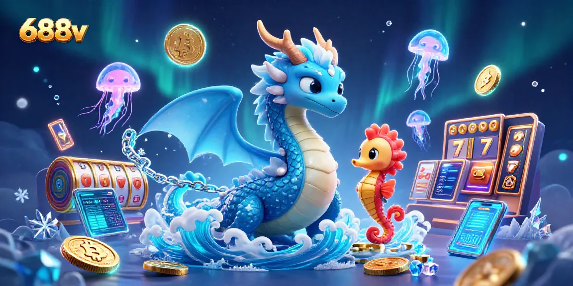 Engage with 688v's vibrant online casino ecosystem showcasing colorful dragons, crypto coins, and slot elements.