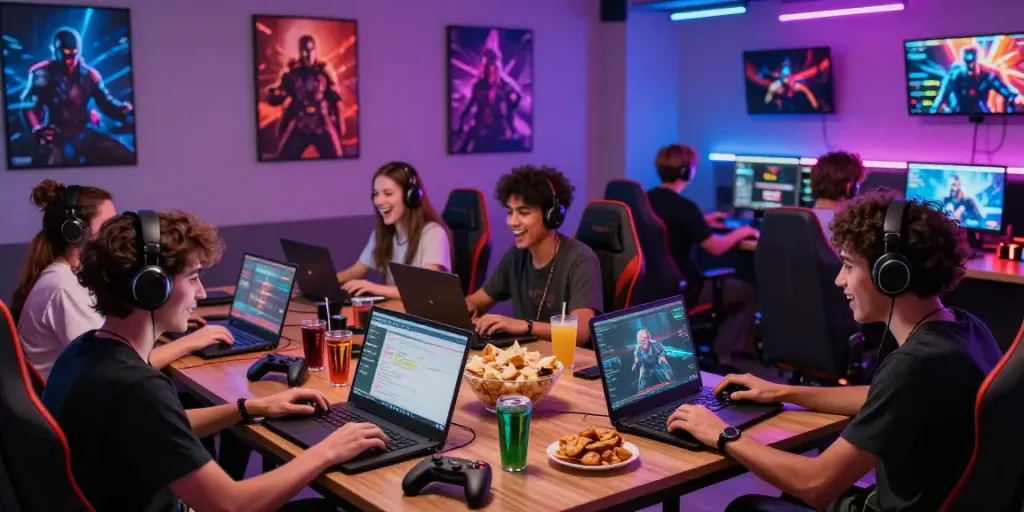 Dynamic gaming scene showcasing hotwin88's exciting online gaming culture with friends.