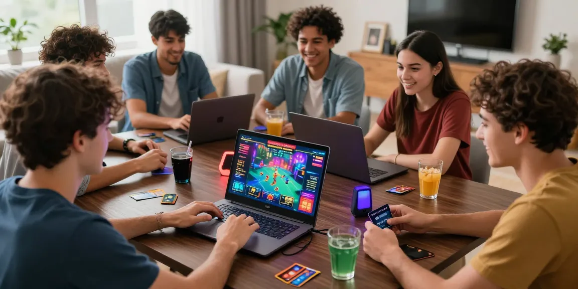 Friends enjoying games at credit card casinos with vibrant screens, cards, and snacks in a cozy setting