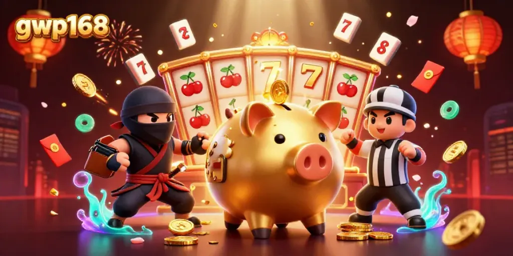 Permainan gwp168 yang seru dan meriah dikelilingi simbol jackpot dan keberuntungan.