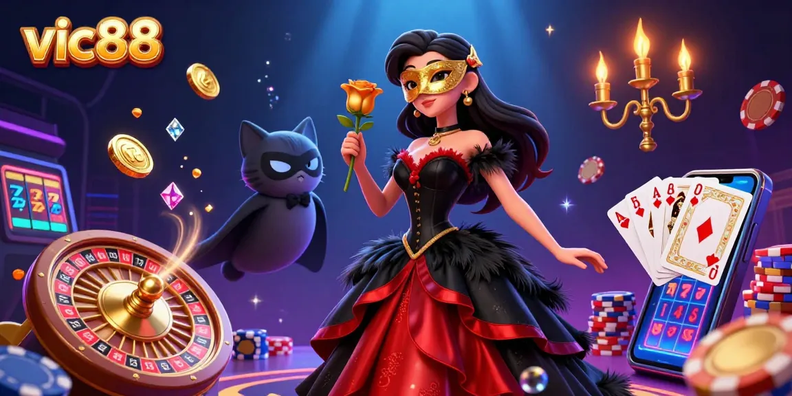 Experience the thrill of vic88 with vibrant casino elements in this dynamic 3D illustration.