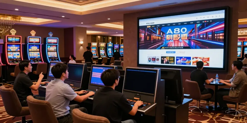 A80 homepage interface showcased in a sophisticated casino lobby with players enjoying games.