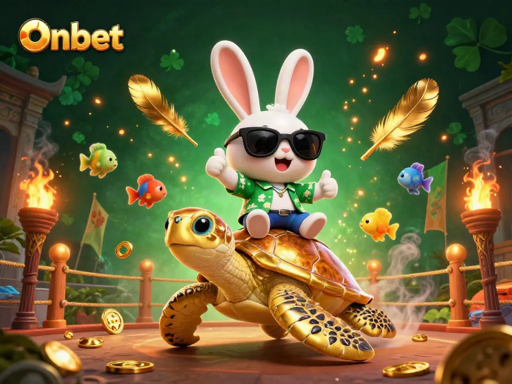 Bet on luck with Onbet's vibrant 3D casino-themed illustration showcasing the lucky rabbit and golden turtle.