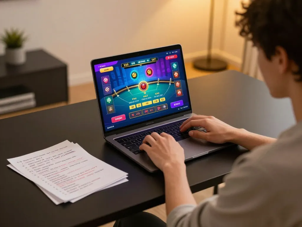 Engaging online blackjack session with luckyindex notes on strategy and open laptop at home