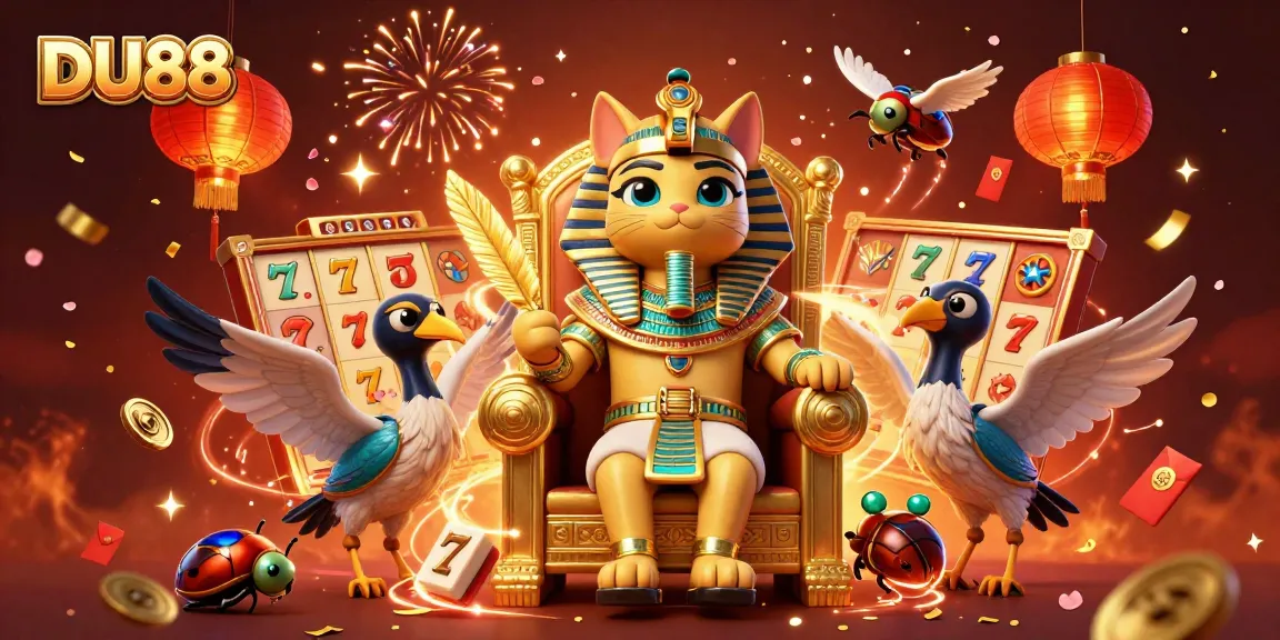 Engage with DU88 by spinning vibrant slot reels in a dynamic casino setting featuring an Egyptian theme.