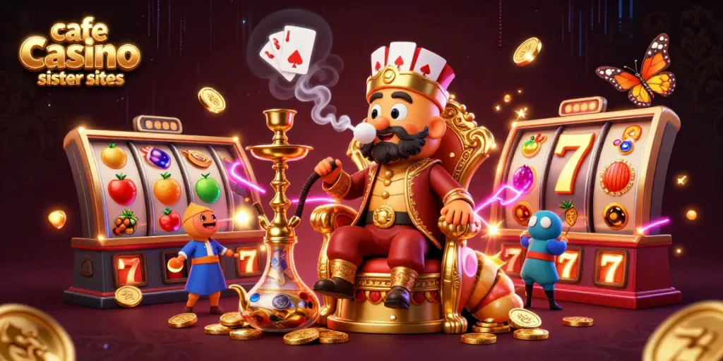 Experience top-rated cafe casino sister sites with exciting slot reels and vibrant casino concepts in a dynamic illustration.