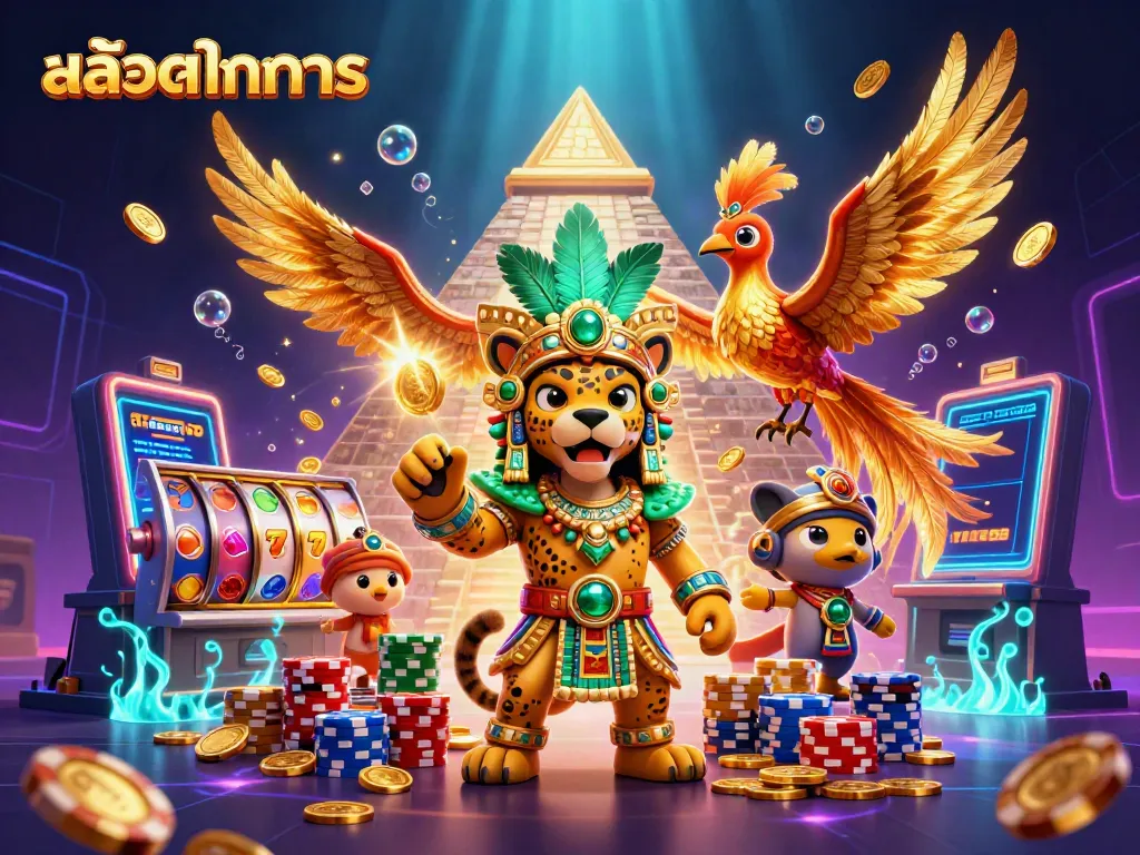 Experience สล็อตทดลอง with a vibrant 3D casino scene showcasing winning symbols and colorful characters.
