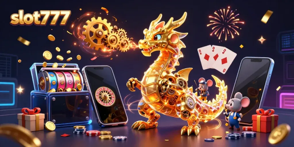 Nikmati slot777 dengan gambar 3D yang mengesankan, menampilkan elemen permainan kasino.