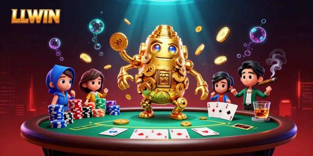 Join the excitement at LLWIN with our dynamic casino gaming scene featuring golden golem and poker elements