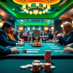 Engaging scene of a Poker Game with players at a table, chips, and vibrant casino background.