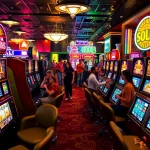 Slot Game yang menarik dengan mesin slot berwarna-warni di kasino yang ramai.