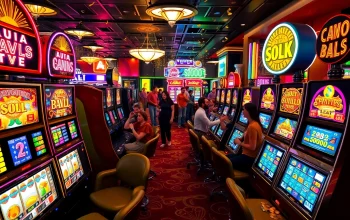 Slot Game yang menarik dengan mesin slot berwarna-warni di kasino yang ramai.