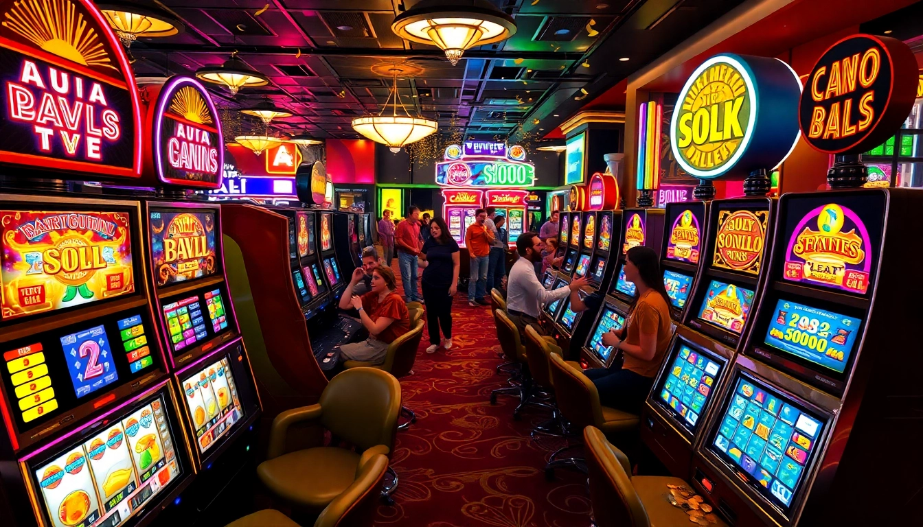 Slot Game yang menarik dengan mesin slot berwarna-warni di kasino yang ramai.