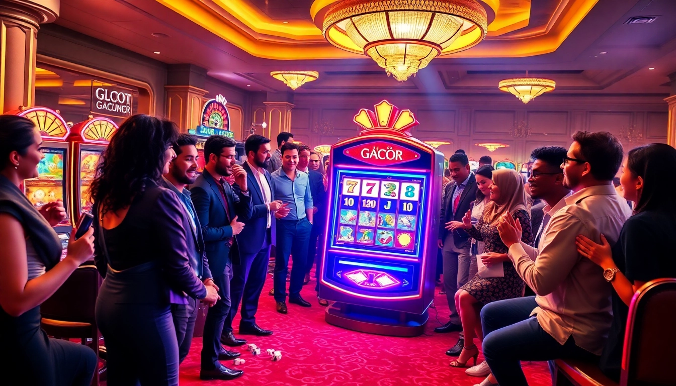 Action-packed scene of players enjoying slot gacor at a luxurious casino.