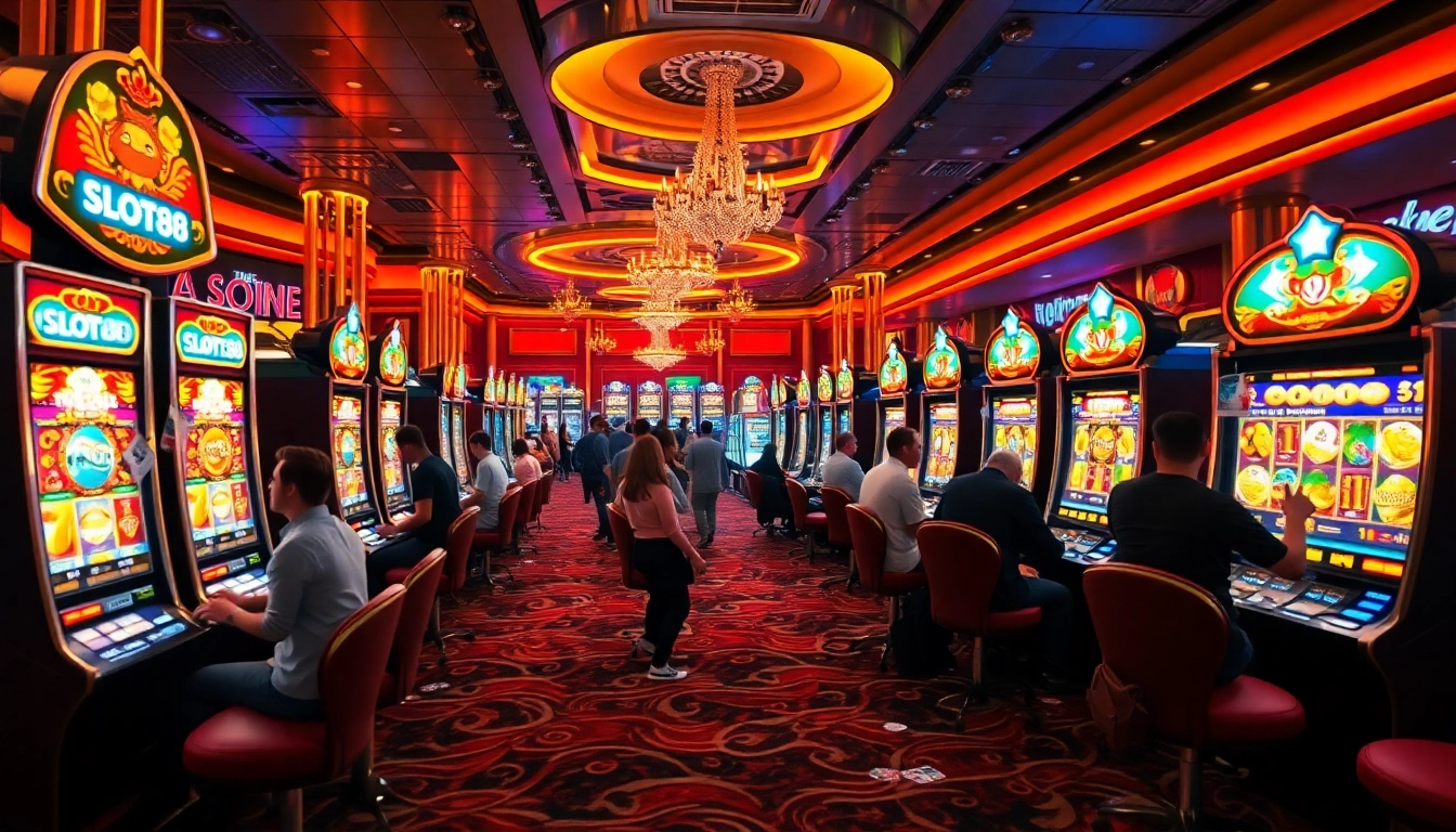 Experience thrilling slot88 gameplay with vibrant slot machines and engaged players in a luxury casino.