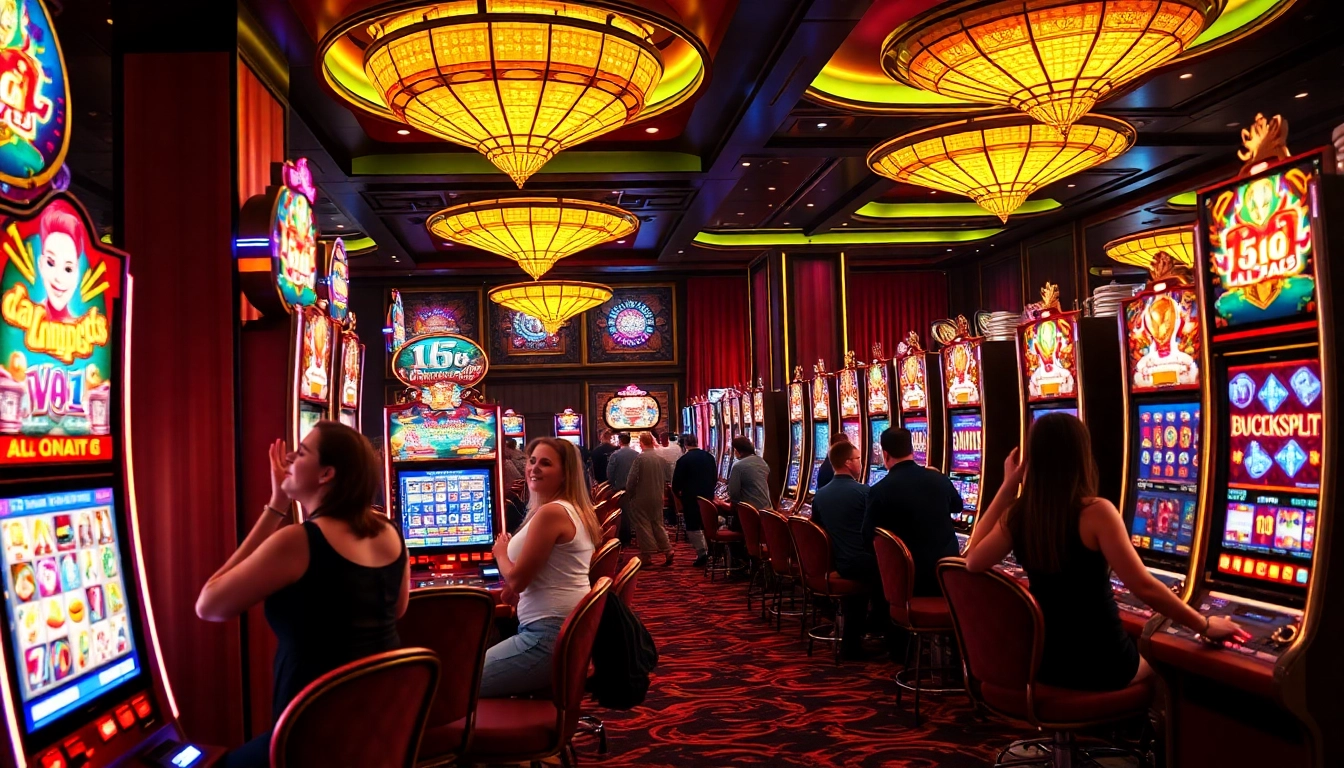 Players celebrating their wins at dazzling dewa slot88 machines in a vibrant casino setting.