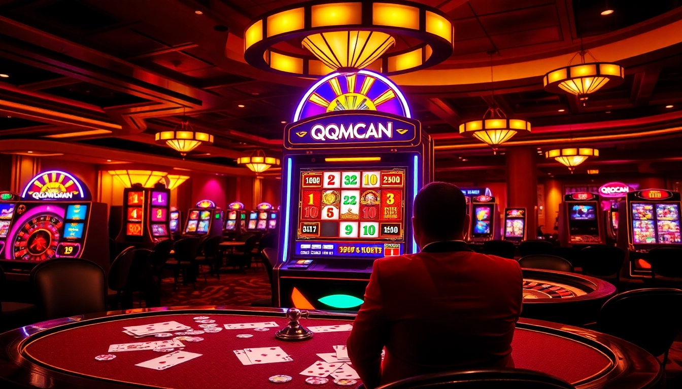 Experience the thrill of QQMACAN with a vibrant slot machine and luxurious casino elements.