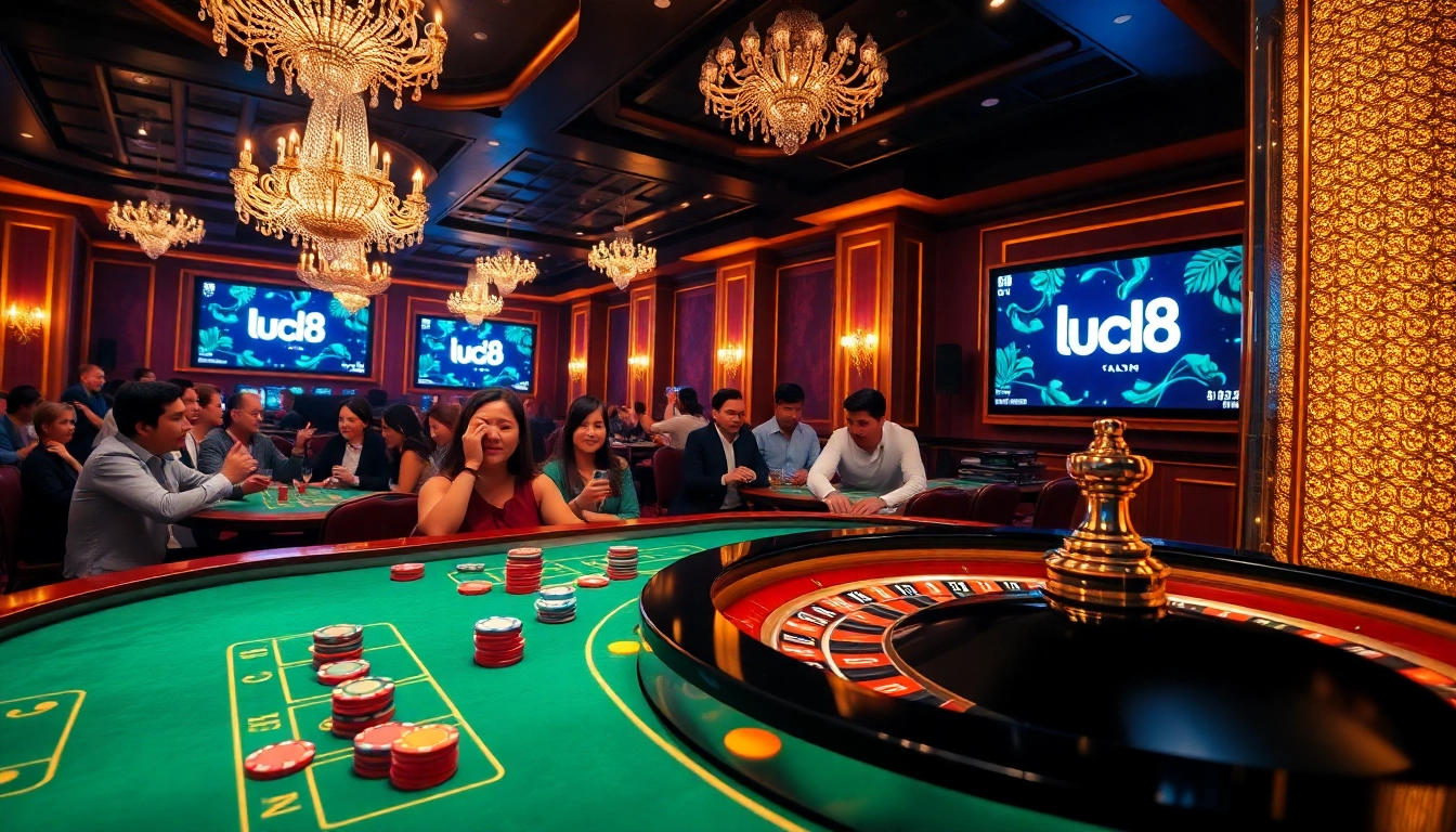 Exciting luck8 casino scene with vibrant poker chips and roulette wheel showcasing high-stakes gambling.