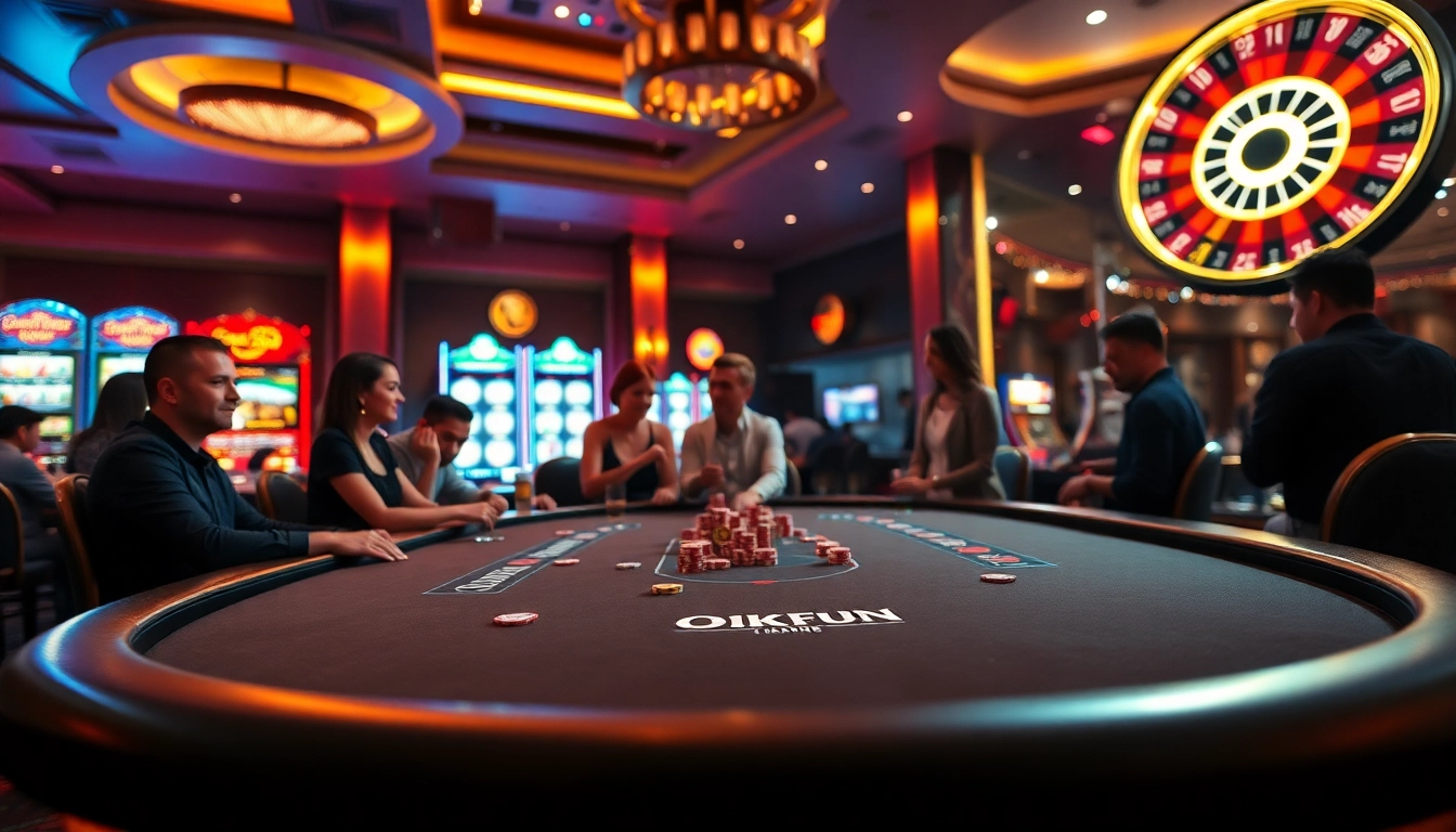 Experience thrilling moments at Okfun's casino poker table with vibrant slot machines.