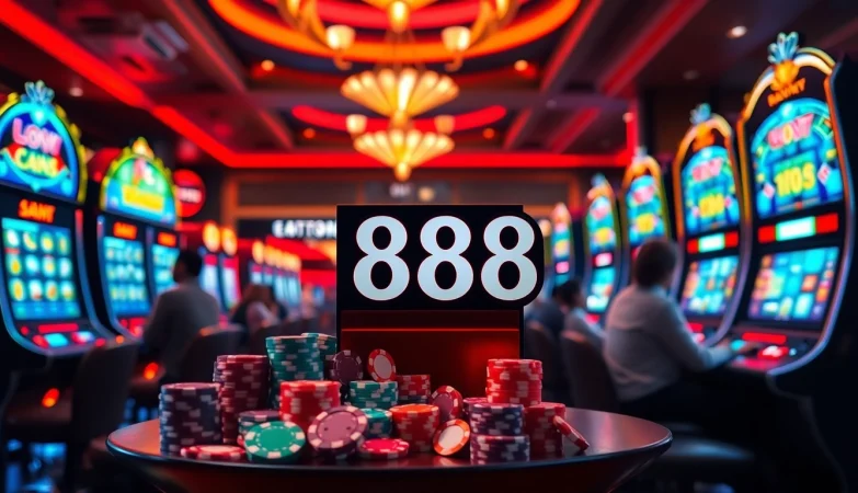 Experience thrill with slot88 as players engage with vibrant slot machines and poker chips.