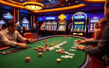 Players celebrating a big win at NOHU90 casino table with chips and cards.