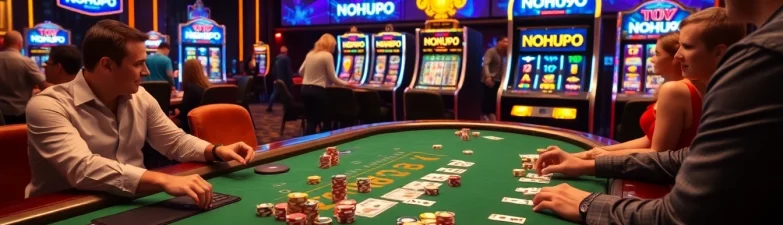 Players celebrating a big win at NOHU90 casino table with chips and cards.