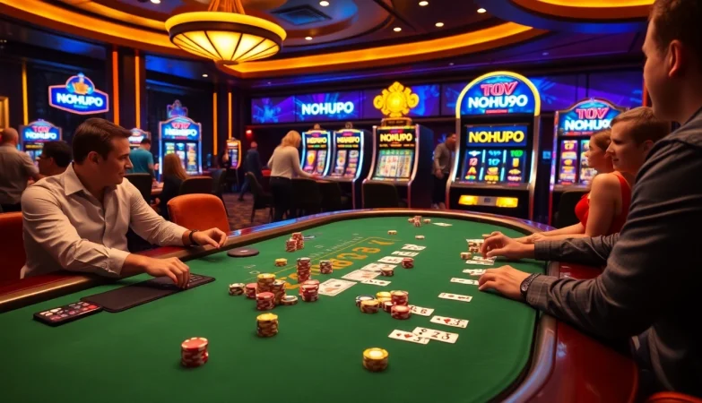 Players celebrating a big win at NOHU90 casino table with chips and cards.