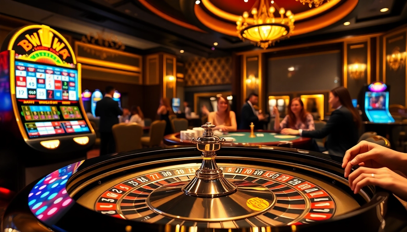 BRO138 casino scene with vibrant roulette table, chips, and excited players in a luxury setting.