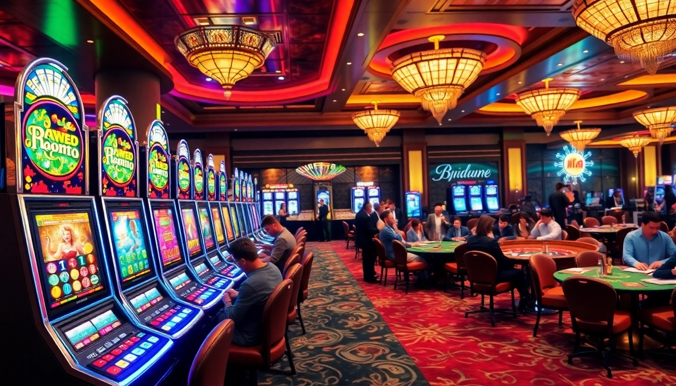 Experience the excitement of slot game terbaru di sini with vibrant casino scenes featuring players enjoying slot machines.