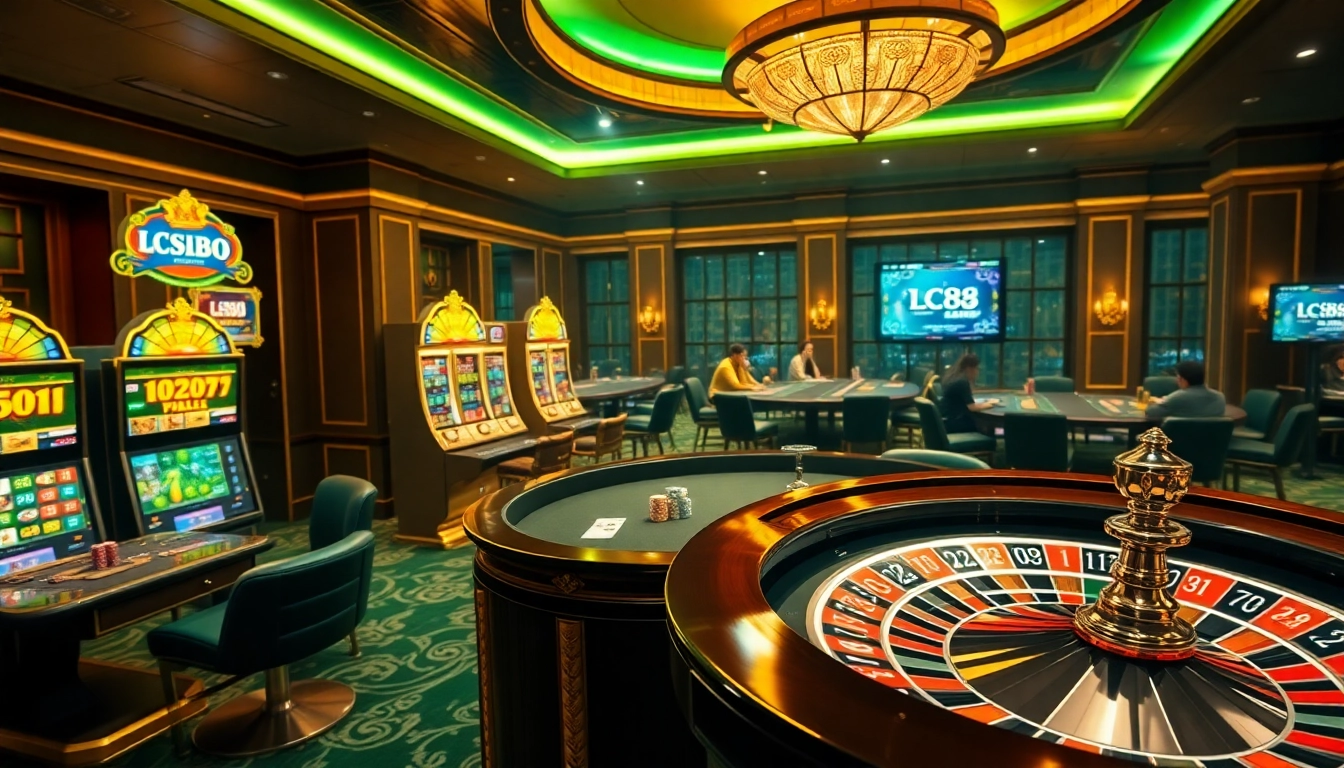 Engaging LC88 online casino scene with poker tables, slot machines, and betting slips.