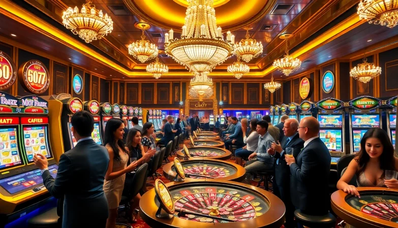 Engaging players enjoying slot777 machines in a luxurious casino atmosphere.