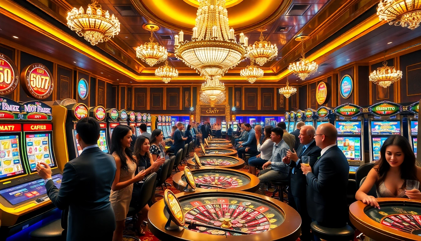 Engaging players enjoying slot777 machines in a luxurious casino atmosphere.