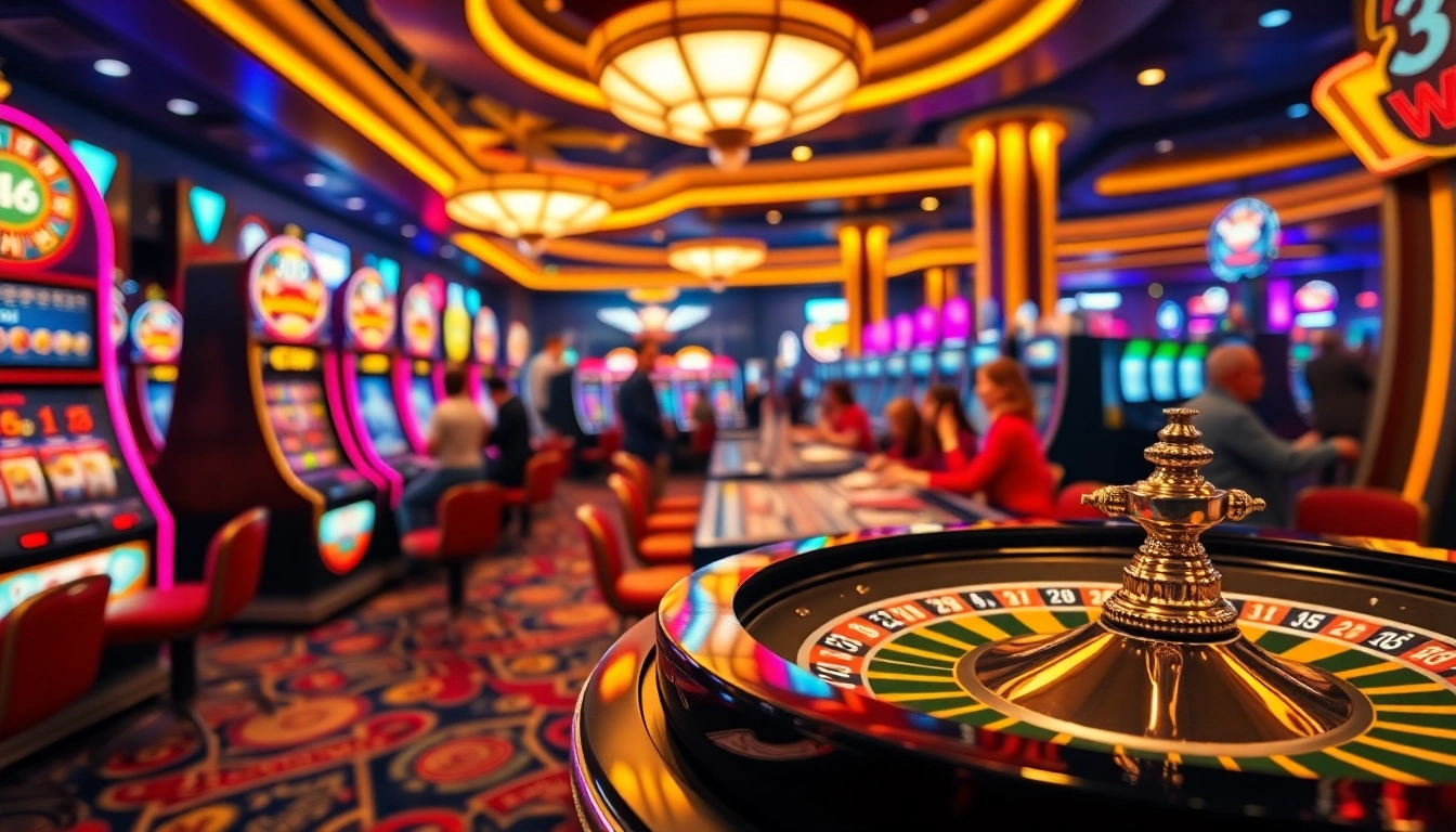 Spielen von Casinospielen in einem lebhaften Casino mit bunten Spielautomaten.