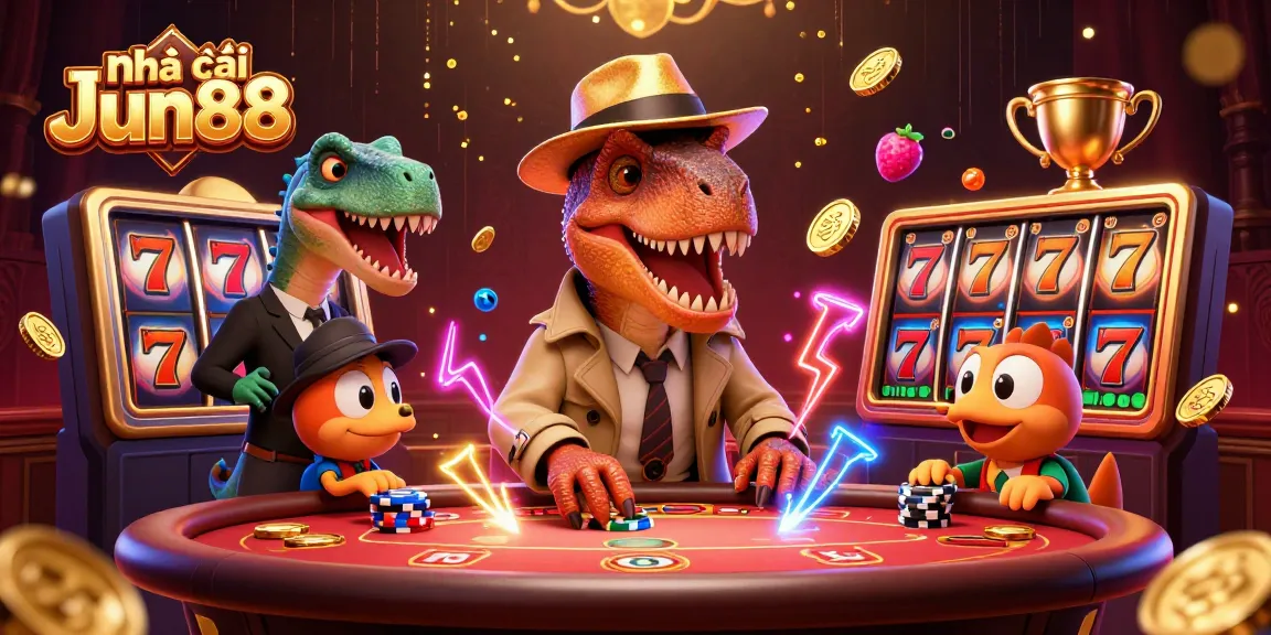 Experience the thrill of Nhà cái Jun88 with a cartoon velociraptor card counter at the blackjack table.