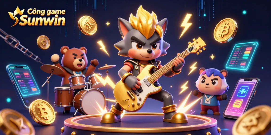 Cổng game Sunwin features a rock star wolf and a drummer bear on a vibrant casino stage with crypto elements.