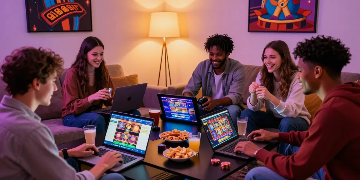 Friends enjoying new online slot sites in a cozy living room, discussing strategies and sharing snacks.