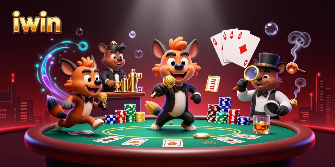 iwin club's vibrant casino scene showcasing hyenas enjoying comedy and poker action.