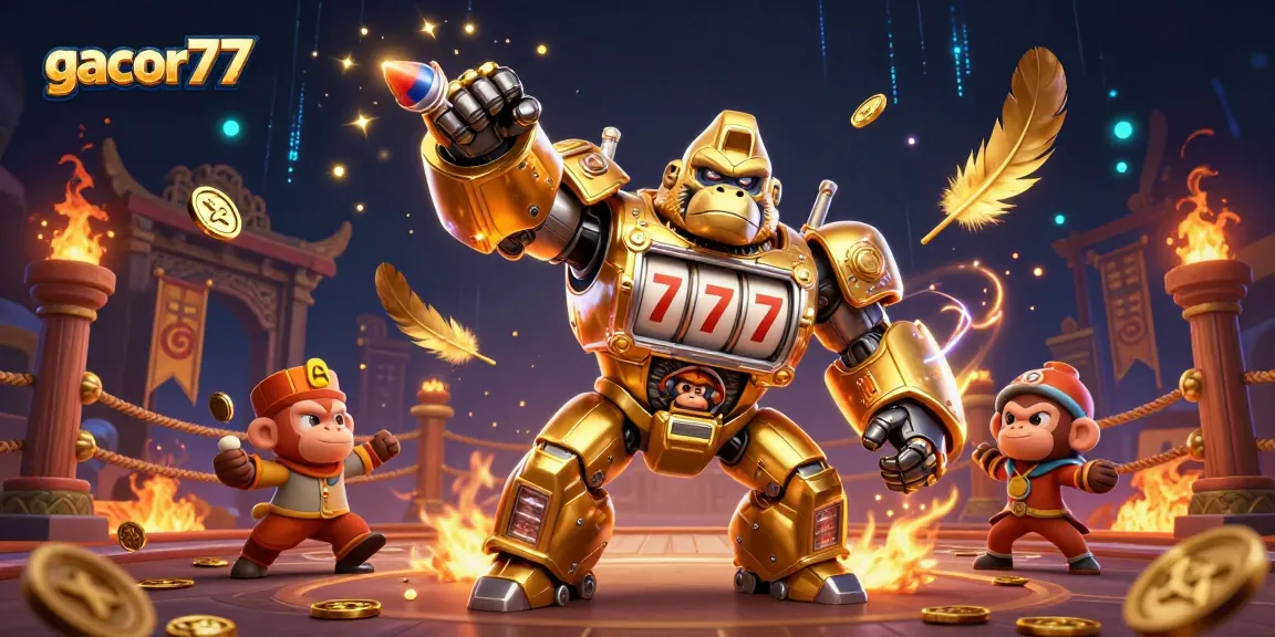 Slot gacor77 menunjukkan mekanik gorila emas dengan bagian slot dan simbol keberuntungan yang memukau.