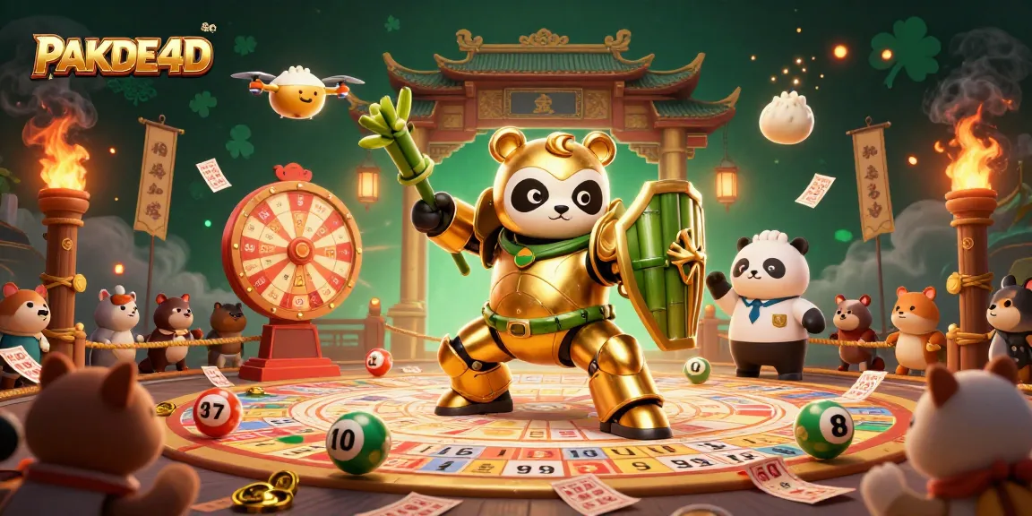 PAKDE4D menghadirkan suasana lottery yang meriah dengan karakter panda emas dan bola lotere.