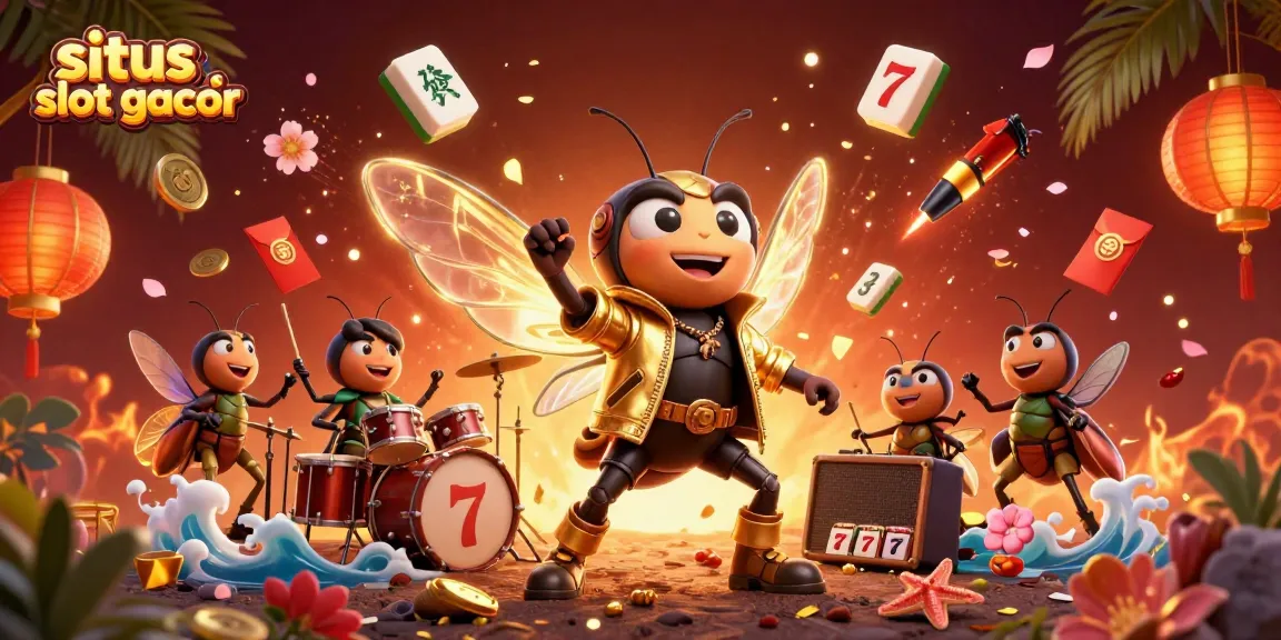 Sitory slot gacor illustration featuring a cicada rock star and vibrant casino elements for an engaging gaming scene.