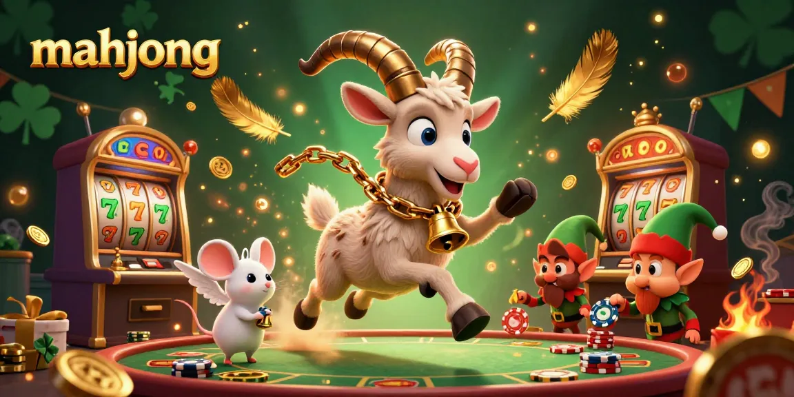 Engage in thrilling mahjong action within a lively casino environment featuring playful characters.
