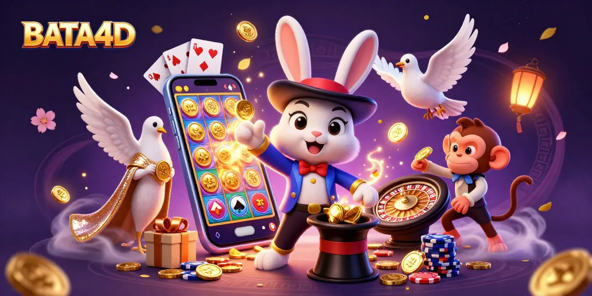 BATA4D menghadirkan ilustrasi 3D dengan kelinci penyihir menarik koin emas dari topi, dikelilingi permainan slot dan poker chip.