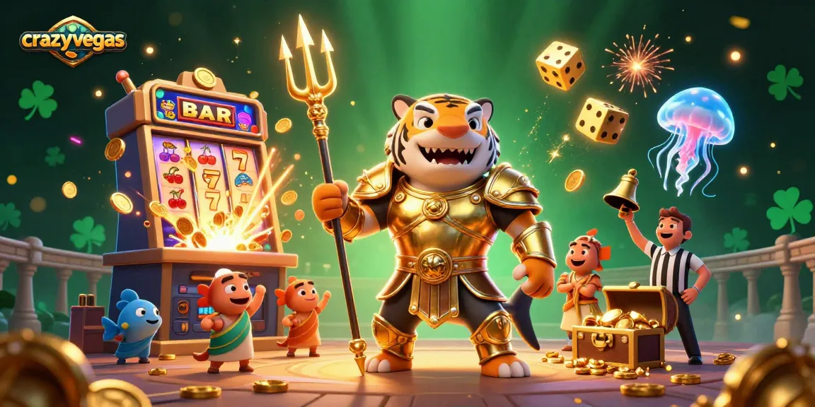 Experience the thrill of crazyvegas with a cartoon tiger shark in a jackpot-filled underwater colosseum, surrounded by vibrant casino elements.